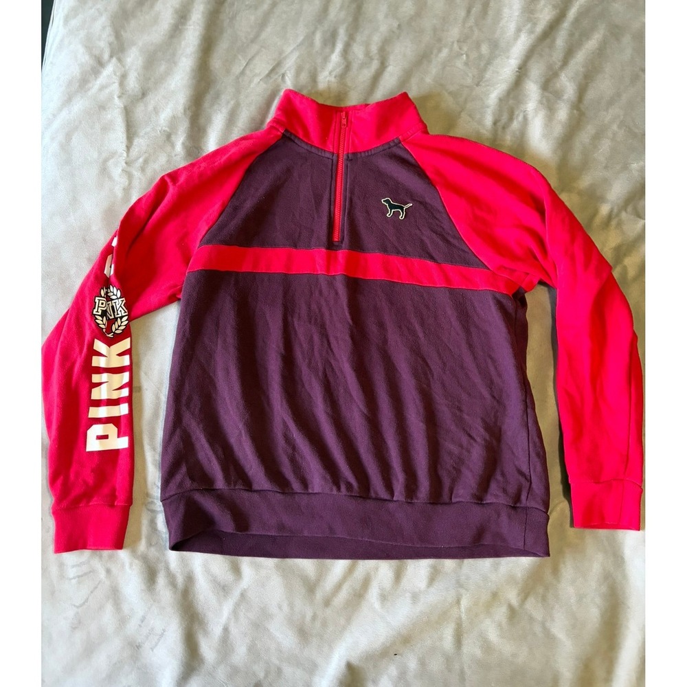 Victorias Secret PINK Quarter Zip Pullover Sweatshirt Purple Red Large Logo L